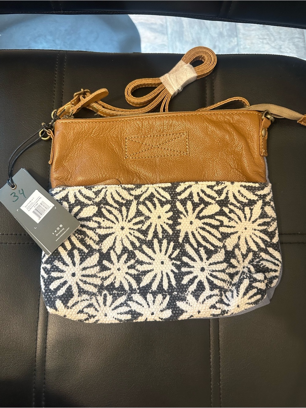 Myra Bag Tan Leather and Navy Floral Canvas Crossbody